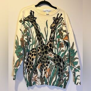Giraffe Sequins Women’s Viti Wool Angora Sweater Large Jungle Print Pullover Top